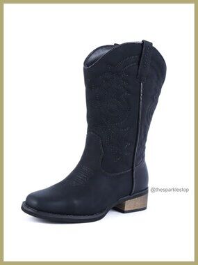Western Cowboy Boots Wide Calf Square Toe Mid Calf Faux Leather